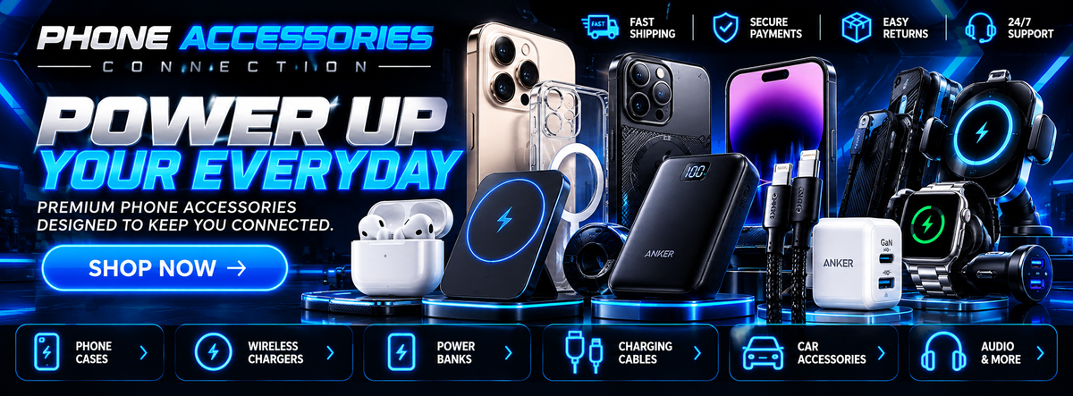 Phone Accessories Connection black and electric blue Power Up Your Everyday homepage banner