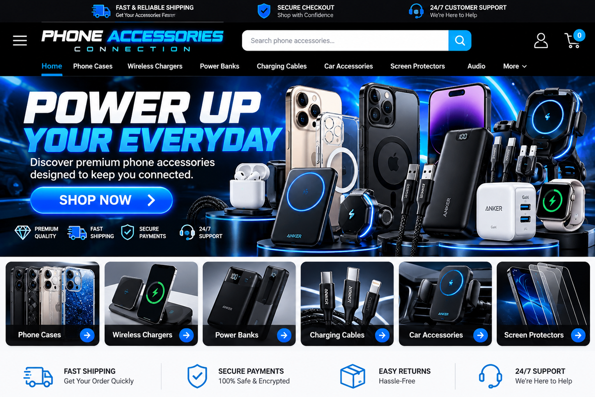 Phone Accessories Connection blue and black tech storefront design